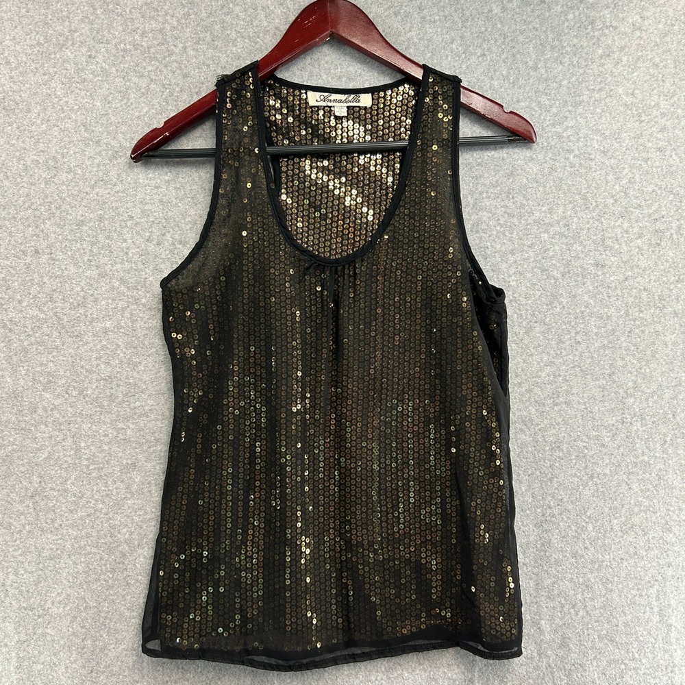 Annabella Y2K Tank Top Black Gold Sequin Racerback Sheer Going Out Size Small